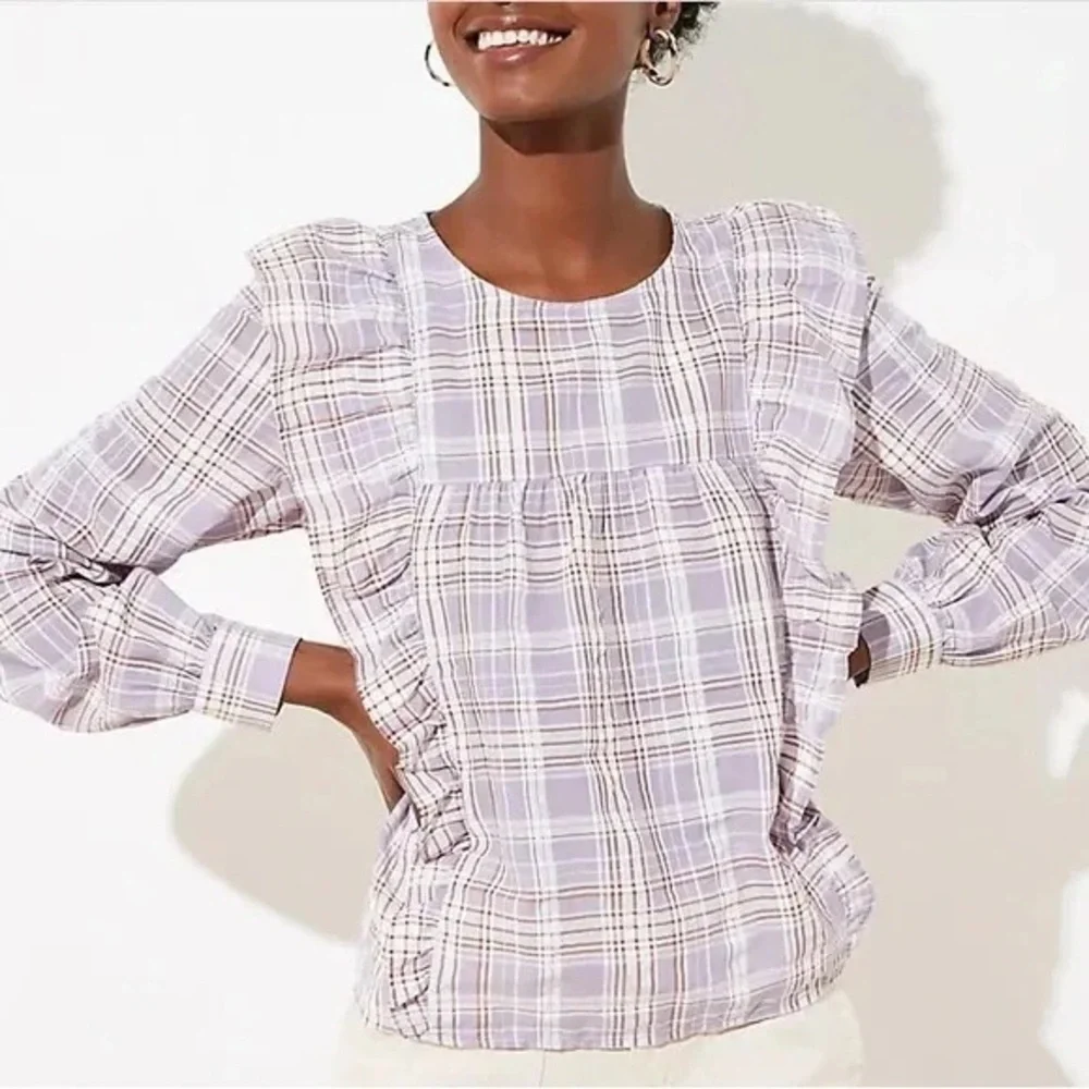 ❄️ Loft | Plaid Ruffle Cropped Blouse XL Lavender